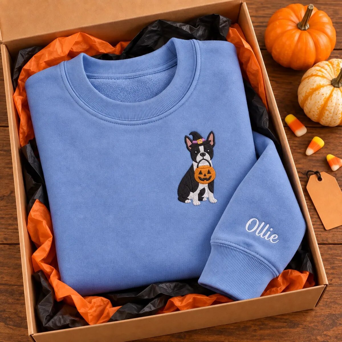 Boston Terrier Halloween Sweatshirt in a Gift Box Boston Terrier Halloween sweatshirt folded in a gift box with mini pumpkins