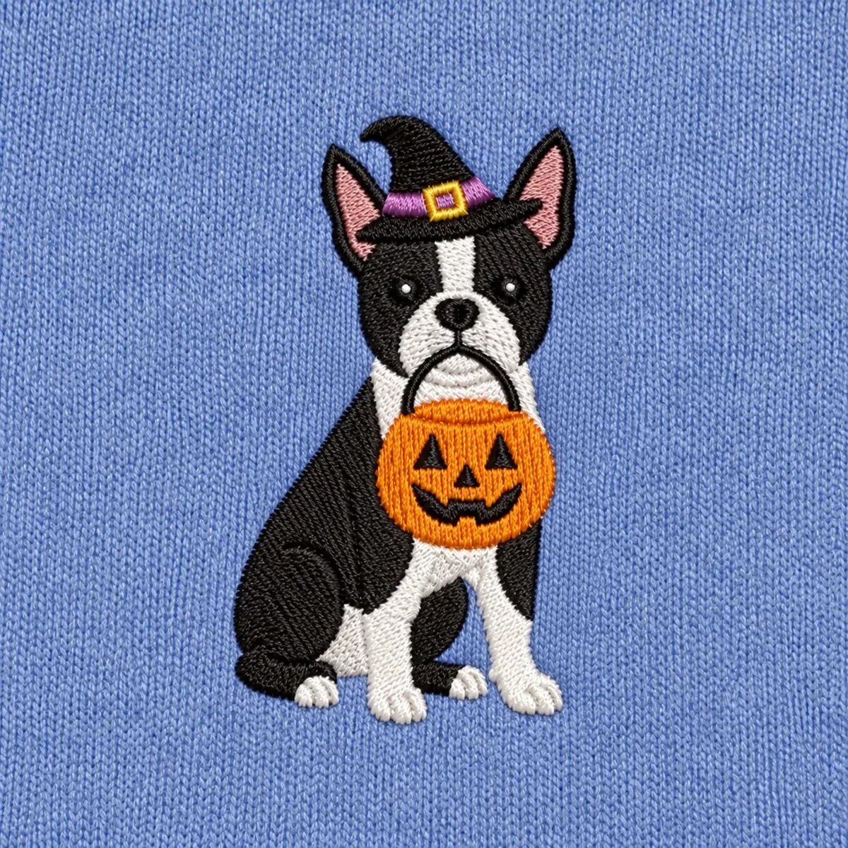 Boston Terrier Witch Hat Embroidery Close-up Close-up of the embroidered Boston Terrier in a witch hat with a jack-o'-lantern candy bucket
