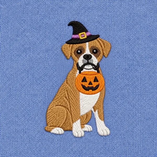 Close-up of the embroidered Boxer in a witch hat with a jack-o'-lantern candy bucket