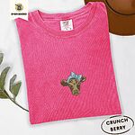 Crunchberry Comfort Colors T-shirt embroidered with a brown calf head wearing a light blue bandana tied in a bow