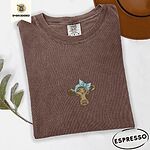 Espresso Comfort Colors T-shirt embroidered with a brown calf head wearing a light blue bandana tied in a bow