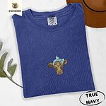 True Navy Comfort Colors T-shirt embroidered with a brown calf head wearing a light blue bandana tied in a bow