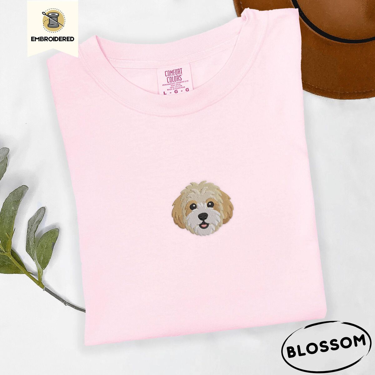 Cavachon Shirt – Blossom Blossom Comfort Colors T-shirt embroidered with a mini Cavachon face in cream and apricot with a white muzzle