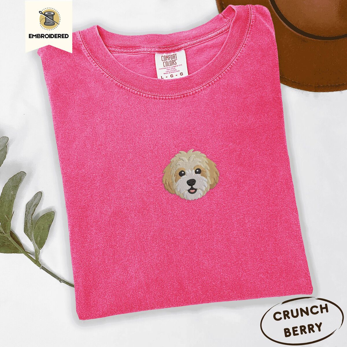 Cavachon Shirt – Crunchberry Crunchberry Comfort Colors T-shirt embroidered with a mini Cavachon face in cream and apricot with a white muzzle