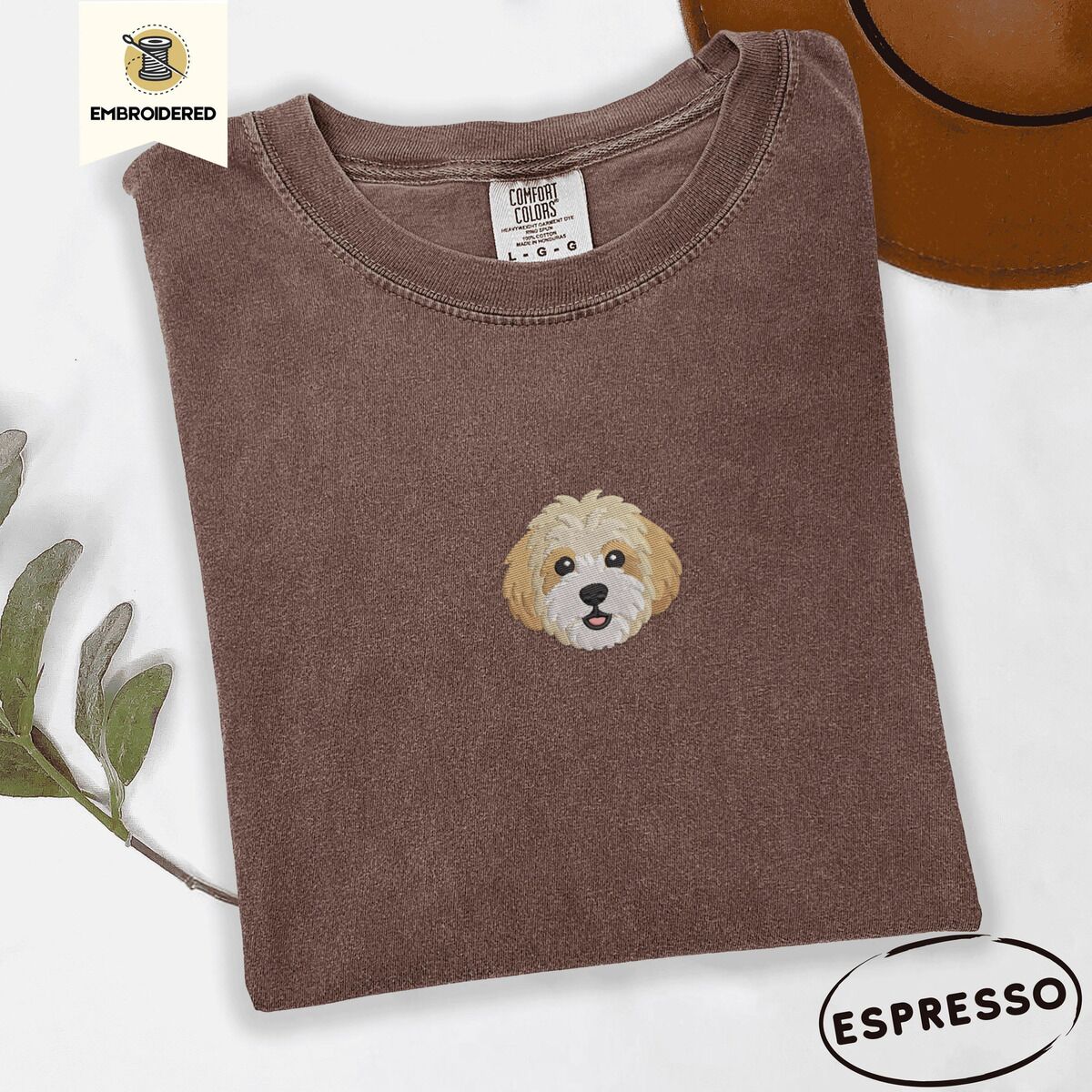 Cavachon Shirt – Espresso Espresso Comfort Colors T-shirt embroidered with a mini Cavachon face in cream and apricot with a white muzzle