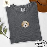 Pepper Comfort Colors T-shirt embroidered with a mini Cavachon face in cream and apricot with a white muzzle