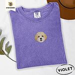 Violet Comfort Colors T-shirt embroidered with a mini Cavachon face in cream and apricot with a white muzzle