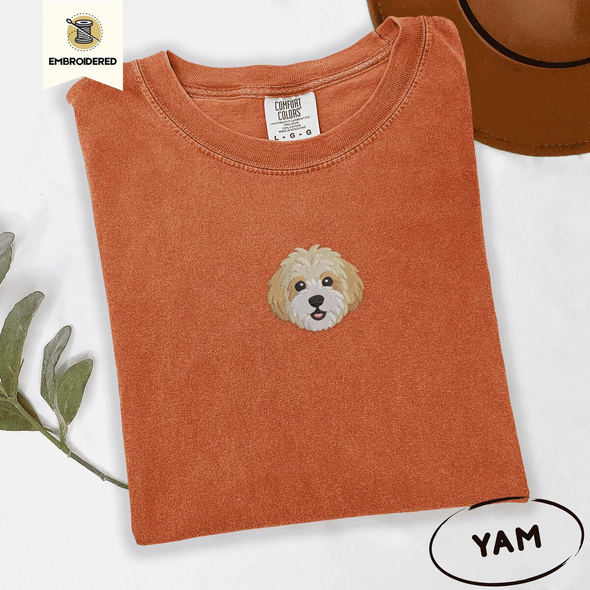 Cavachon Shirt – Yam Yam Comfort Colors T-shirt embroidered with a mini Cavachon face in cream and apricot with a white muzzle