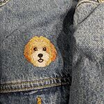 Close-up of the real stitched mini Cavachon face in cream and apricot with a white muzzle, black eyes and a pink tongue, shown on a denim jacket