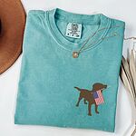 Seafoam T-shirt folded with a necklace, a chocolate lab carrying a red, white and blue flag on the left chest