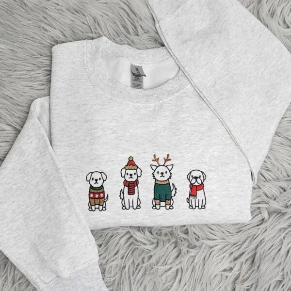 Light heather grey Christmas dog sweatshirt with four embroidered puppies in Christmas sweaters, scarves and antlers