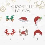 Christmas hat icon chart: 1 green antlers, 2 outlined Santa hat, 3 Santa hat with holly, 4 red antlers, 5 antlers with Santa hat, 6 classic Santa hat