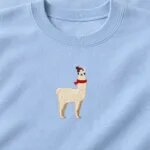 Close-up of the fluffy embroidered llama in a red pom-pom beanie and fringed red scarf