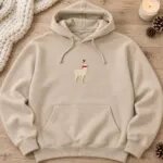 Sand hoodie with the small embroidered Christmas llama centered on the chest
