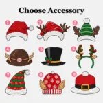Holiday accessory chart: 1 Santa hat, 2 Santa hat with antlers, 3 green elf hat with antlers, 4 reindeer hat, 5 snowman top hat, 6 antler headband with lights, 7 striped elf hat, 8 snowflake beanie with ears, 9 Santa belt hat