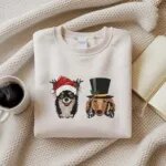 Christmas pet portrait sweatshirt in Sand with two embroidered dogs, one in a Santa hat with antlers and one in a snowman top hat