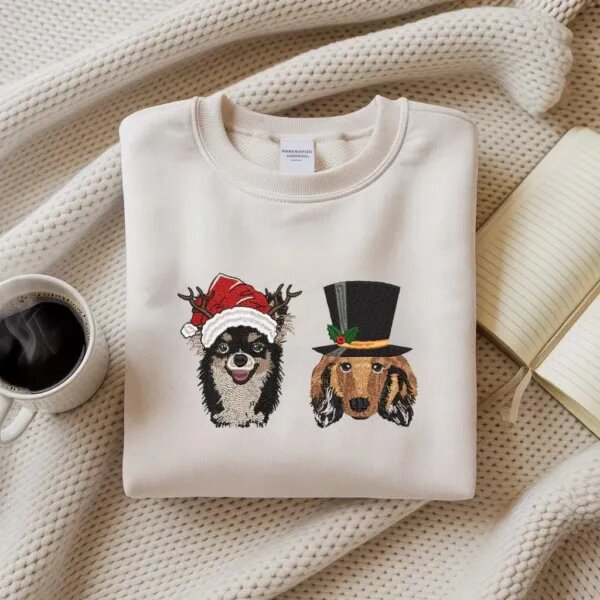 Christmas pet portrait sweatshirt in Sand with two embroidered dogs, one in a Santa hat with antlers and one in a snowman top hat