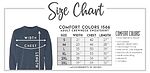 Comfort Colors 1566 crewneck sweatshirt size chart, S to 3XL: chest width 21 to 29.5 inches and length 27.5 to 32.5 inches, 9.5 oz, 80% cotton and 20% polyester