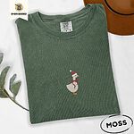 Moss Comfort Colors T-shirt embroidered with a cream goose in a Santa hat with a red ribbon bow at its neck
