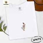 White Comfort Colors T-shirt embroidered with a cream goose in a Santa hat with a red ribbon bow at its neck