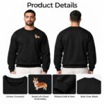 Product details of the black corgi crewneck: front and blank back views, ribbed collar, small left-chest corgi embroidery and ribbed cuffs and hem