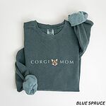 Blue Spruce crewneck sweatshirt laid flat on white, embroidered with CORGI MOM in light thread and a red and white corgi face