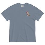 Blue Jean T-shirt laid flat on a white background, embroidered with a smiling red and white Pembroke corgi in a Santa hat and striped red scarf on the left chest
