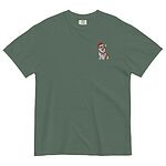 Blue Spruce T-shirt laid flat on a white background, embroidered with a smiling red and white Pembroke corgi in a Santa hat and striped red scarf on the left chest