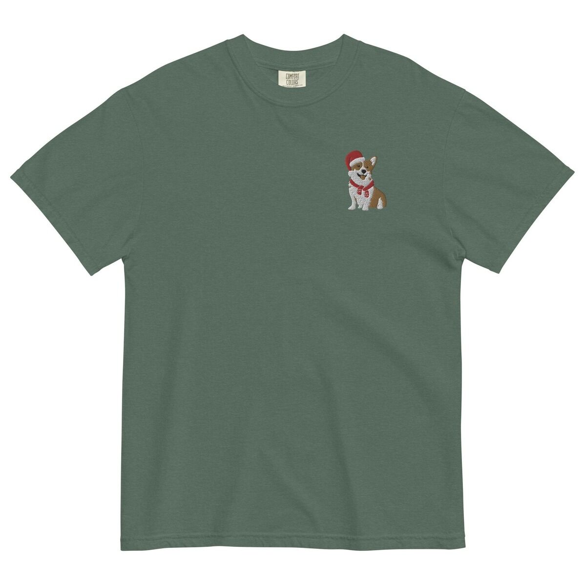 Corgi Santa Hat Shirt – Blue Spruce Blue Spruce T-shirt laid flat on a white background, embroidered with a smiling red and white Pembroke corgi in a Santa hat and striped red scarf on the left chest