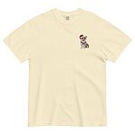 Ivory T-shirt laid flat on a white background, embroidered with a smiling red and white Pembroke corgi in a Santa hat and striped red scarf on the left chest