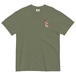 Moss T-shirt laid flat on a white background, embroidered with a smiling red and white Pembroke corgi in a Santa hat and striped red scarf on the left chest