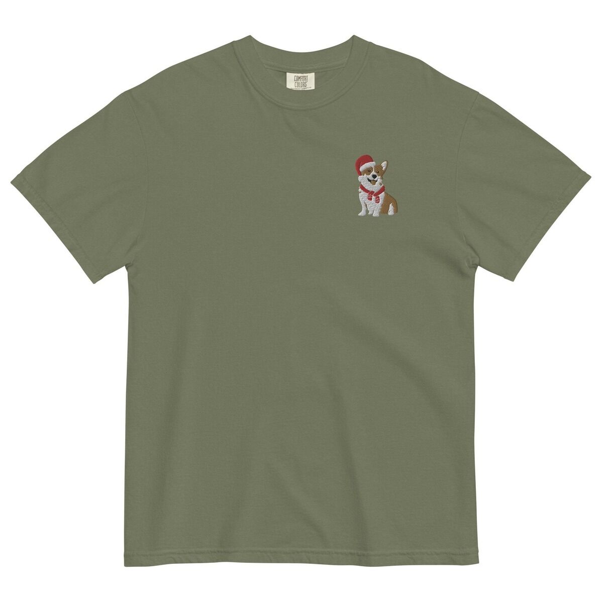 Corgi Santa Hat Shirt – Moss Moss T-shirt laid flat on a white background, embroidered with a smiling red and white Pembroke corgi in a Santa hat and striped red scarf on the left chest