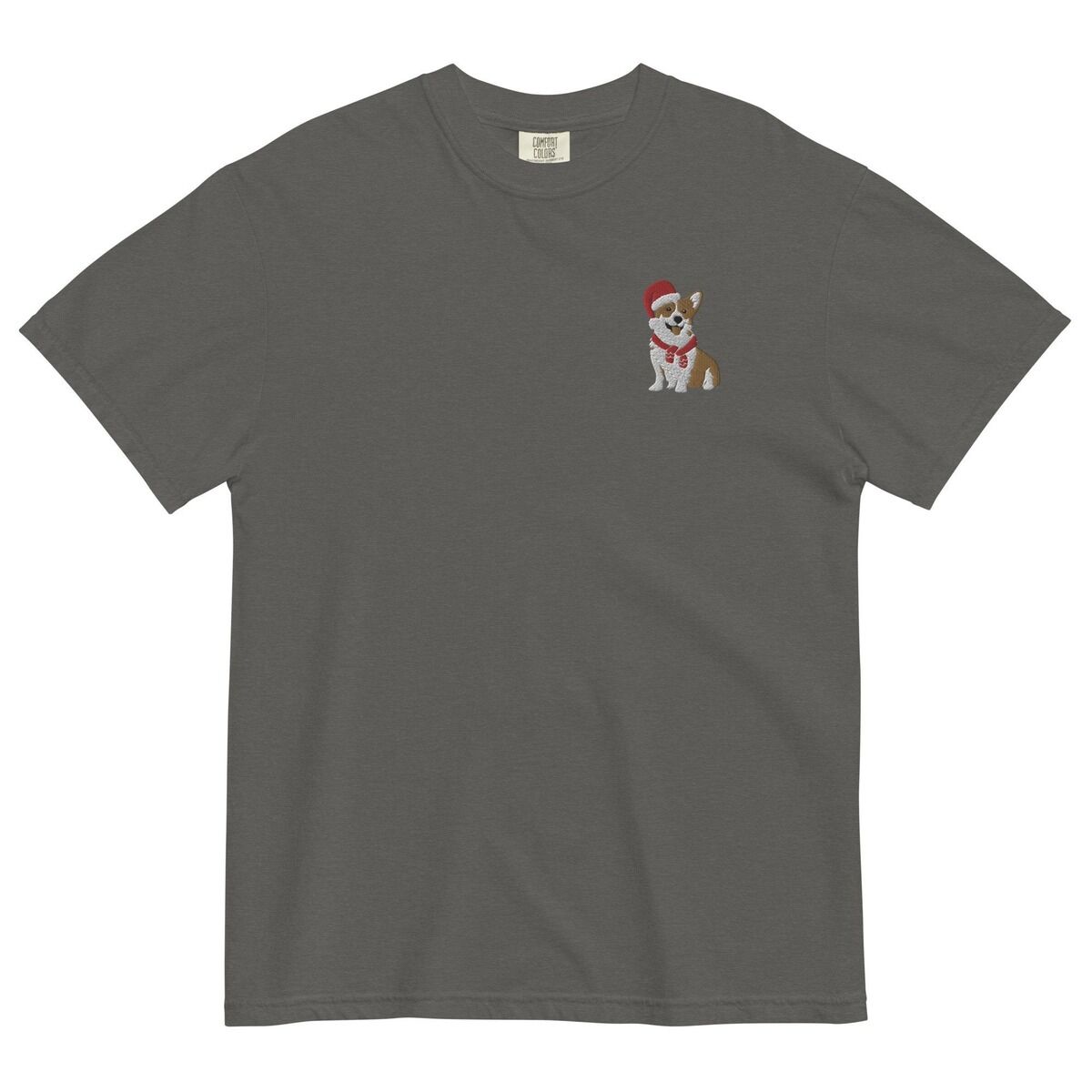 Corgi Santa Hat Shirt – Pepper Pepper T-shirt laid flat on a white background, embroidered with a smiling red and white Pembroke corgi in a Santa hat and striped red scarf on the left chest