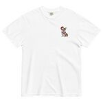 White T-shirt laid flat on a white background, embroidered with a smiling red and white Pembroke corgi in a Santa hat and striped red scarf on the left chest