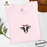 Blossom Comfort Colors T-shirt embroidered with a black and white cow head wearing a pink heart bandana tied in a bow