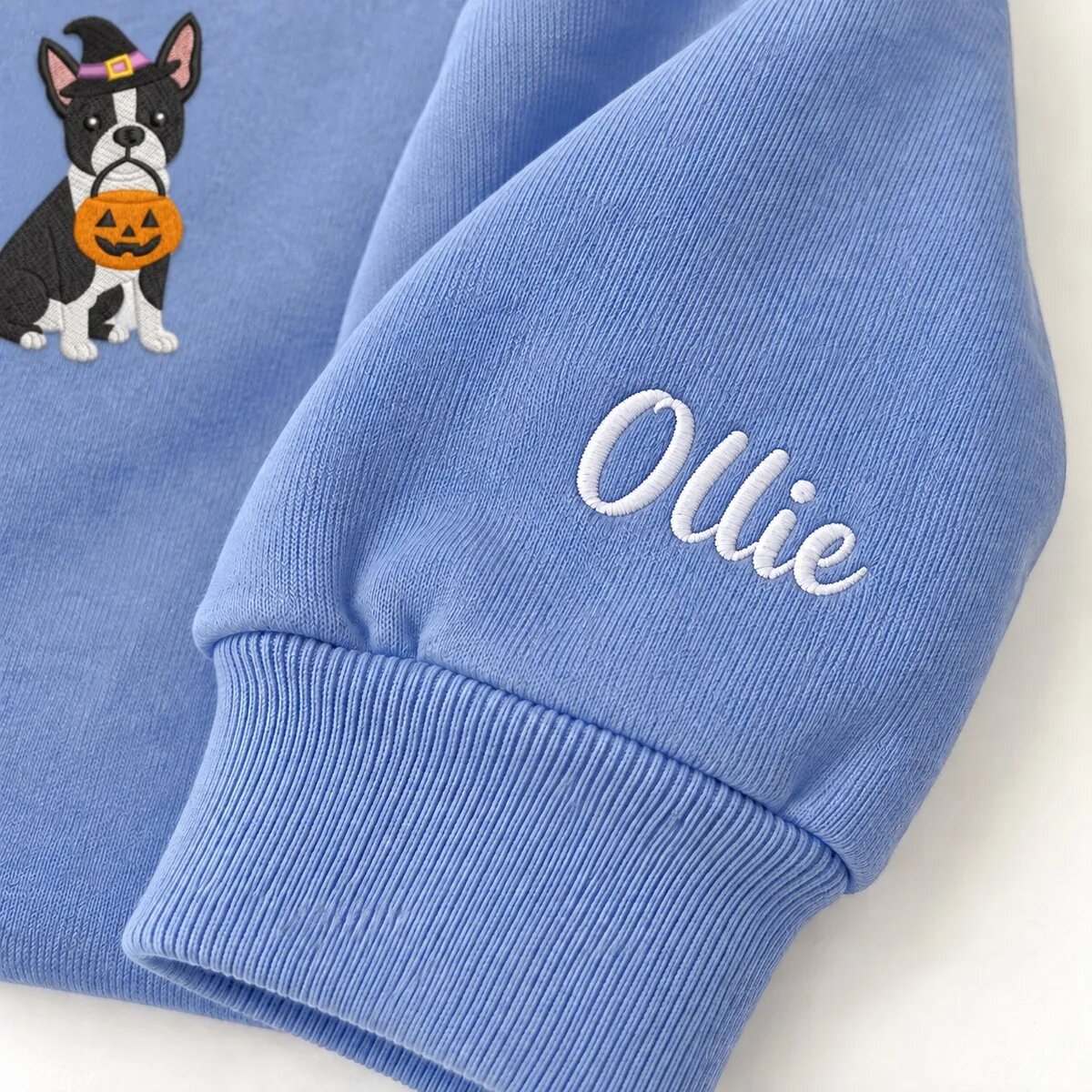 Custom Boston Terrier Sweatshirt – Name on the Sleeve Custom Boston Terrier sweatshirt with the dog name Ollie embroidered on the sleeve