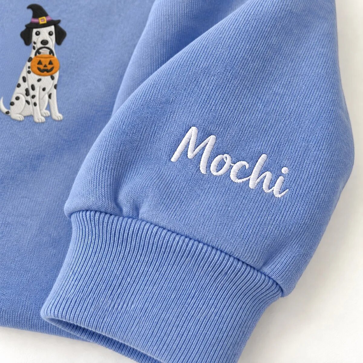 Custom Dalmatian Sweatshirt – Name on the Sleeve Custom Dalmatian sweatshirt with the dog name Mochi embroidered on the sleeve