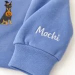 Custom Doberman sweatshirt with the dog name Mochi embroidered on the sleeve