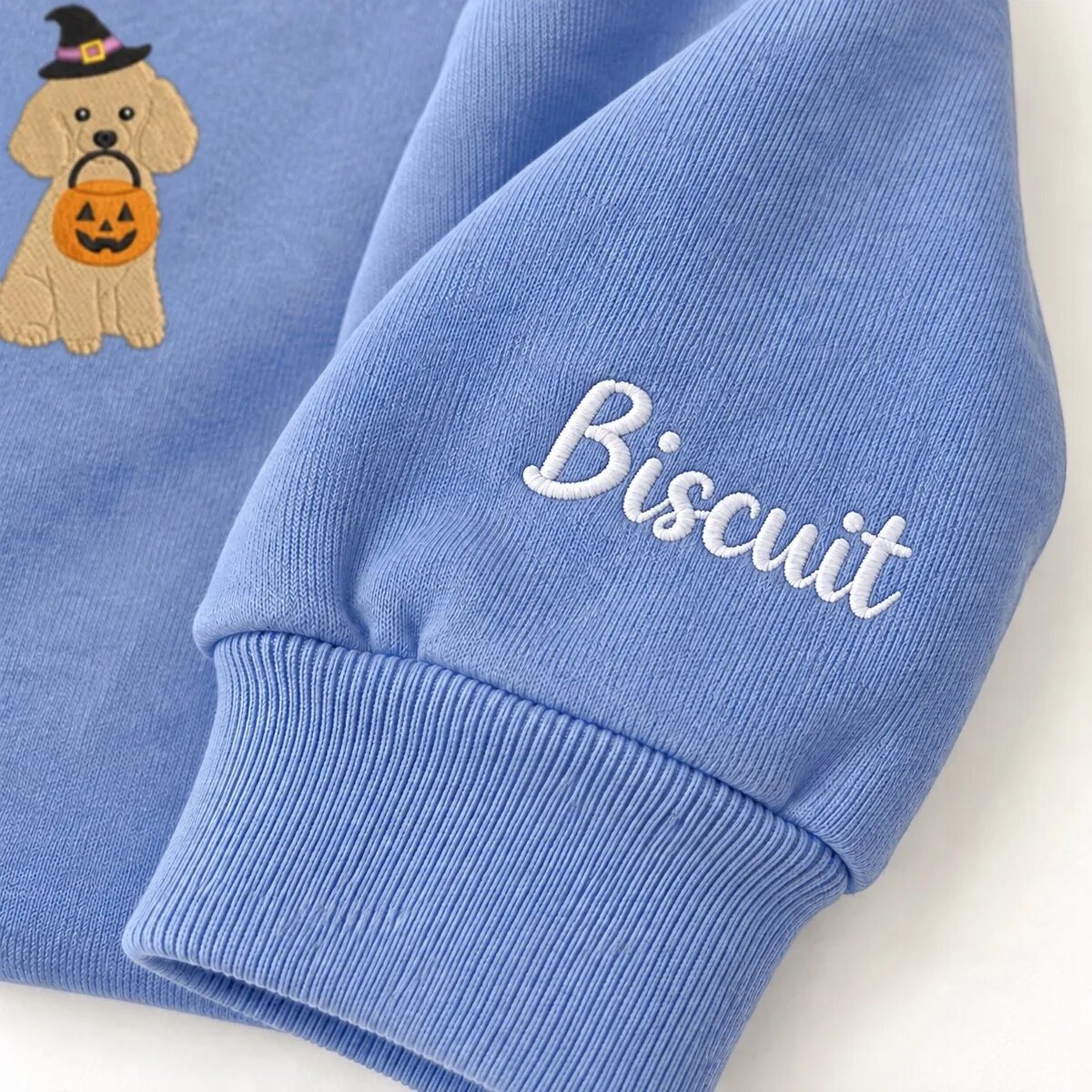 Custom Miniature Poodle Sweatshirt – Name on the Sleeve Custom Miniature Poodle sweatshirt with the dog name Biscuit embroidered on the sleeve