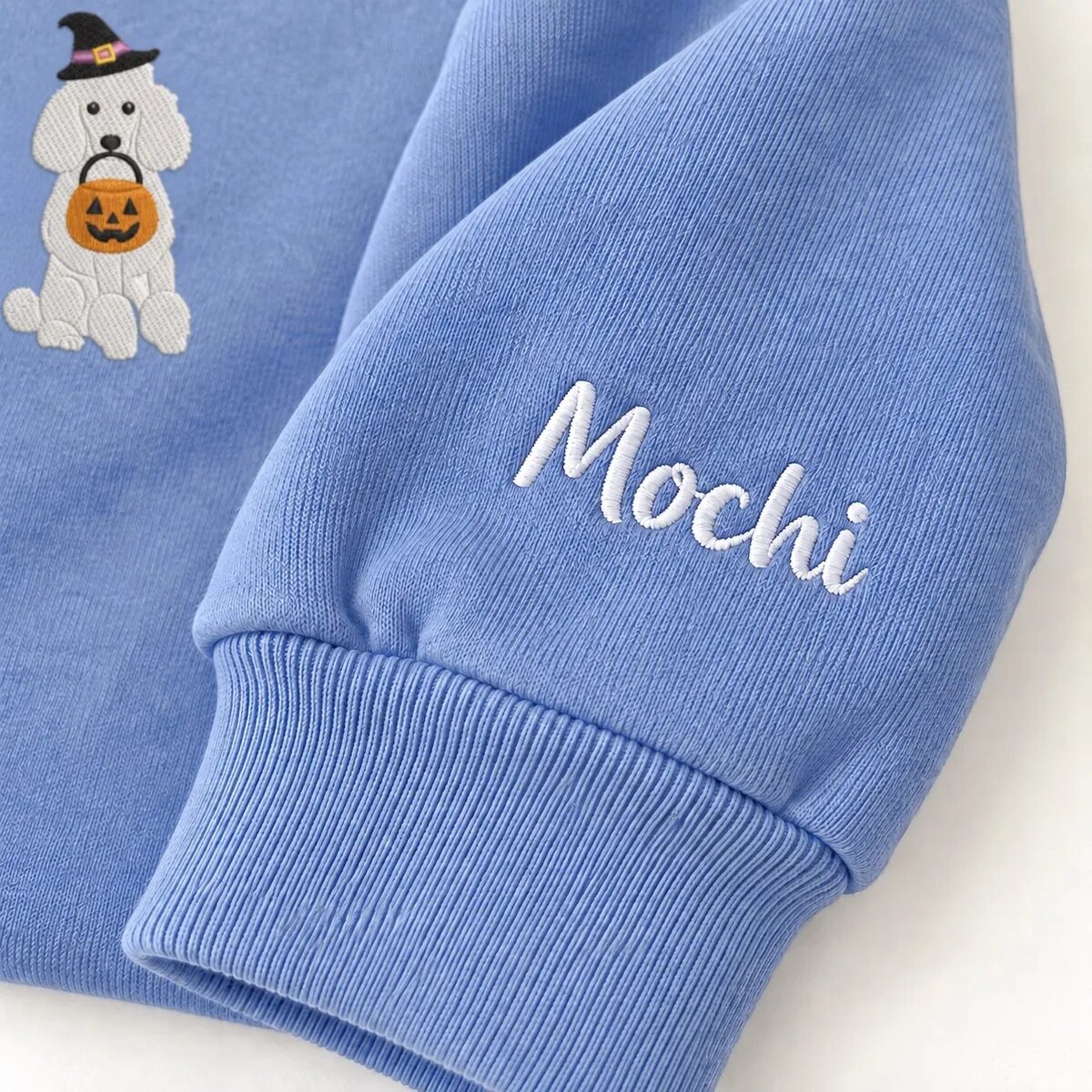 Custom Standard Poodle Sweatshirt – Name on the Sleeve Custom Standard Poodle sweatshirt with the dog name Mochi embroidered on the sleeve