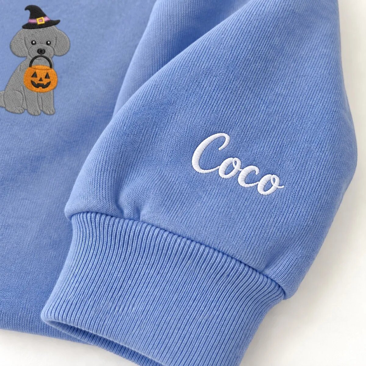 Custom Toy Poodle Sweatshirt – Name on the Sleeve Custom Toy Poodle sweatshirt with the dog name Coco embroidered on the sleeve