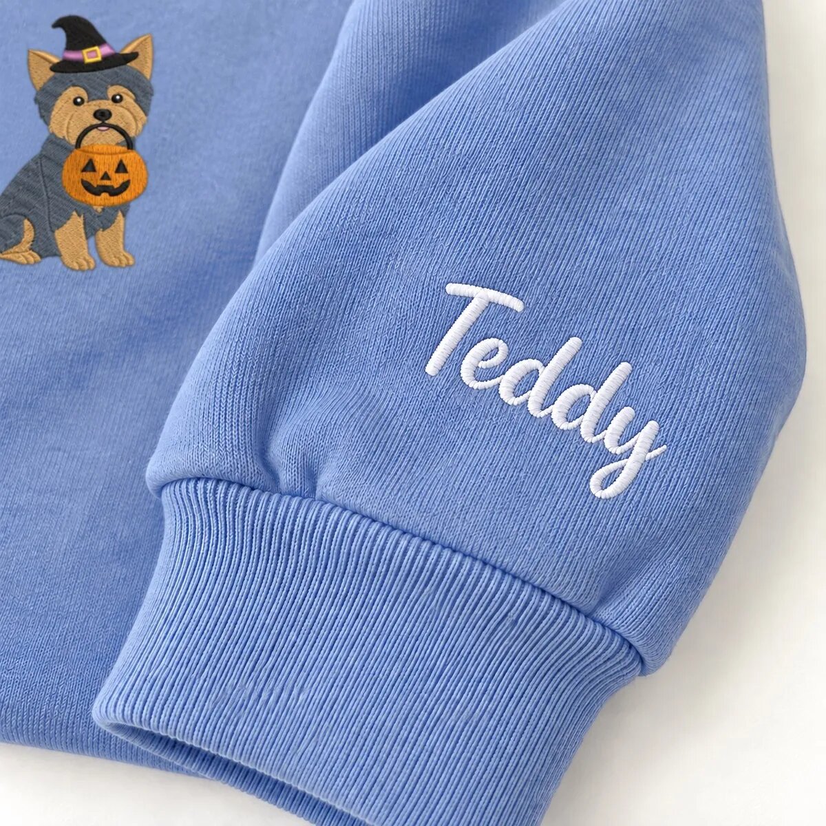 Custom Yorkie Sweatshirt – Name on the Sleeve Custom Yorkie sweatshirt with the dog name Teddy embroidered on the sleeve