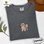 Pepper Comfort Colors T-shirt embroidered with a gold and white Shih Tzu puppy with a long silky coat and a plumed tail