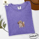 Violet Comfort Colors T-shirt embroidered with a gold and white Shih Tzu puppy with a long silky coat and a plumed tail