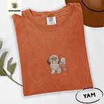 Yam Comfort Colors T-shirt embroidered with a gold and white Shih Tzu puppy with a long silky coat and a plumed tail