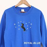 Royal crewneck sweatshirt on a wooden hanger, embroidered with a dachshund standing up on its hind legs with its nose to the sky among falling snowflakes