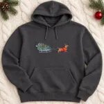 Charcoal dachshund Christmas hoodie with the embroidered wiener dog and Christmas tree sled