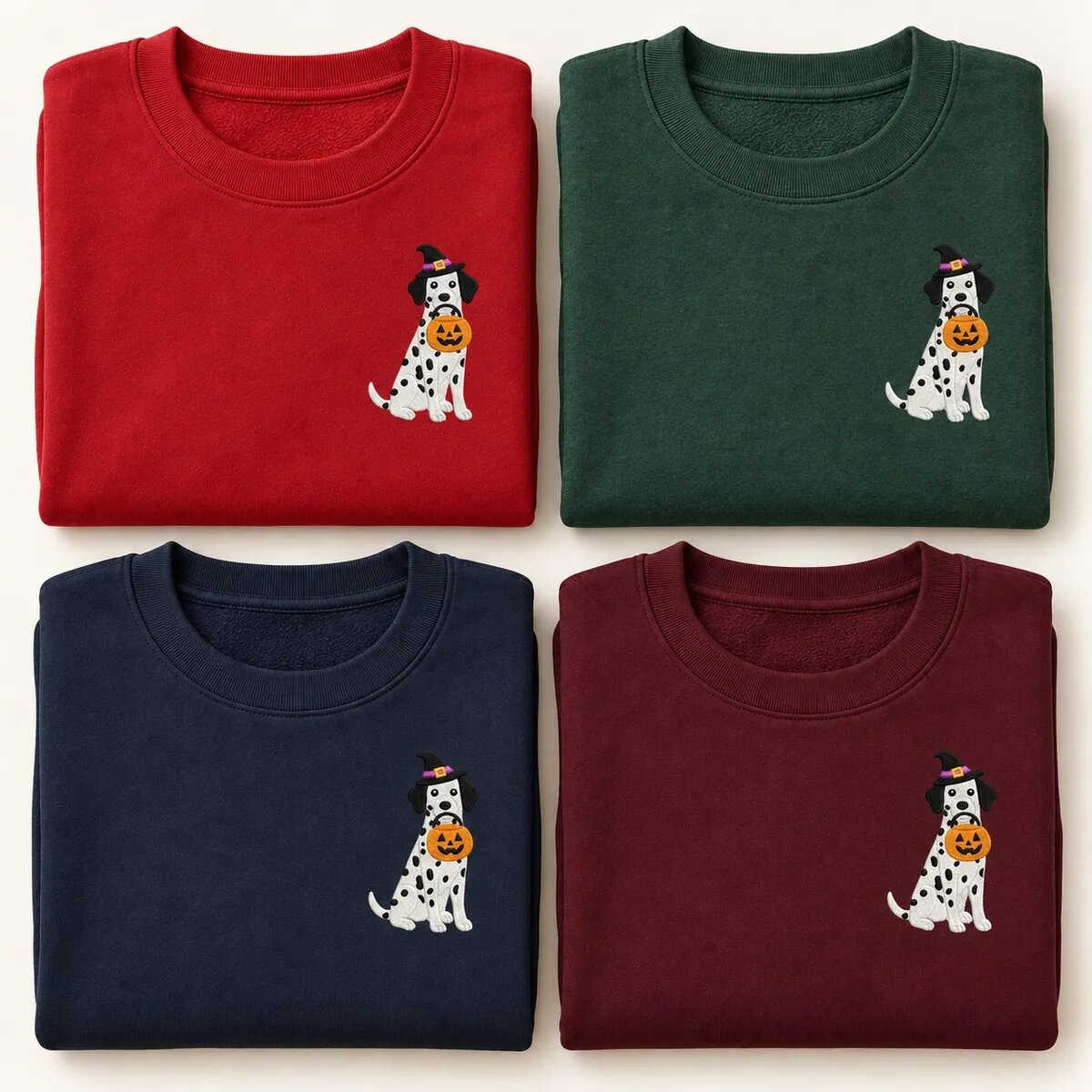 Dalmatian Halloween Sweatshirt Colors Dalmatian Halloween sweatshirt in Red, Forest Green, Navy and Maroon