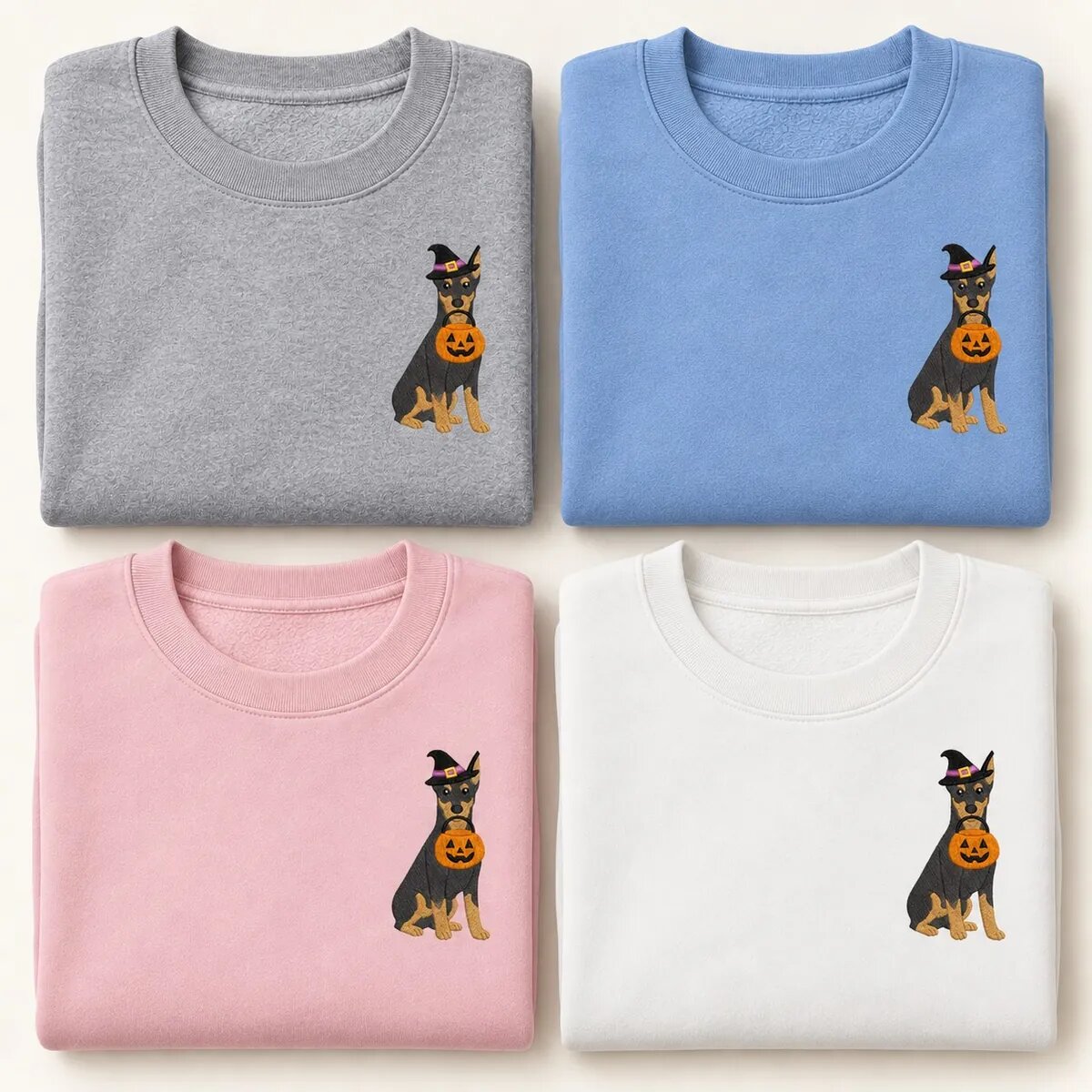 Doberman Halloween Sweatshirt Colors Doberman Halloween sweatshirt in Sport Grey, Carolina Blue, Light Pink and White