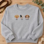 Dog breed sweatshirt in Sport Grey with embroidered golden retriever, French bulldog and beagle faces named Max, Luna and Cooper